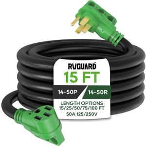 RVGUARD 50 Amp 15 Foot RV/EV Extension Cord, NEMA 14-50P/R Heavy Duty Extension Cord with LED Power Indicator and Cord Organizer, Green, ETL Listed