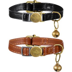 2 x 2Pcs Leather Cat Collar, Adjustable Cat Collar with Bell, Kitten Cats Bell Breakaway Collars Fit for Small Medium Boy Pet(Brown, Black)