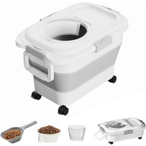 cjc Pet Food Container, Collapsible Dog Food Storage Container with Detachable Casters Airtight Lid or Dog Cat Bird Food Keeping Dry Kibbles, with Scoop Inner Bin Folding bowl Measuring Cup (Gray)