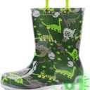 Outee Toddler Kids Adorable Lightwight Waterproof Rain Boots Light Up by Steps (13 Little Kid, Green Dinosaur)