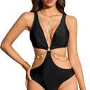 OYOANGLE Women's One Piece Swimsuit Ring Linked Cut Out Bathing Suit High Cut Swimwear (X-Large, Black)