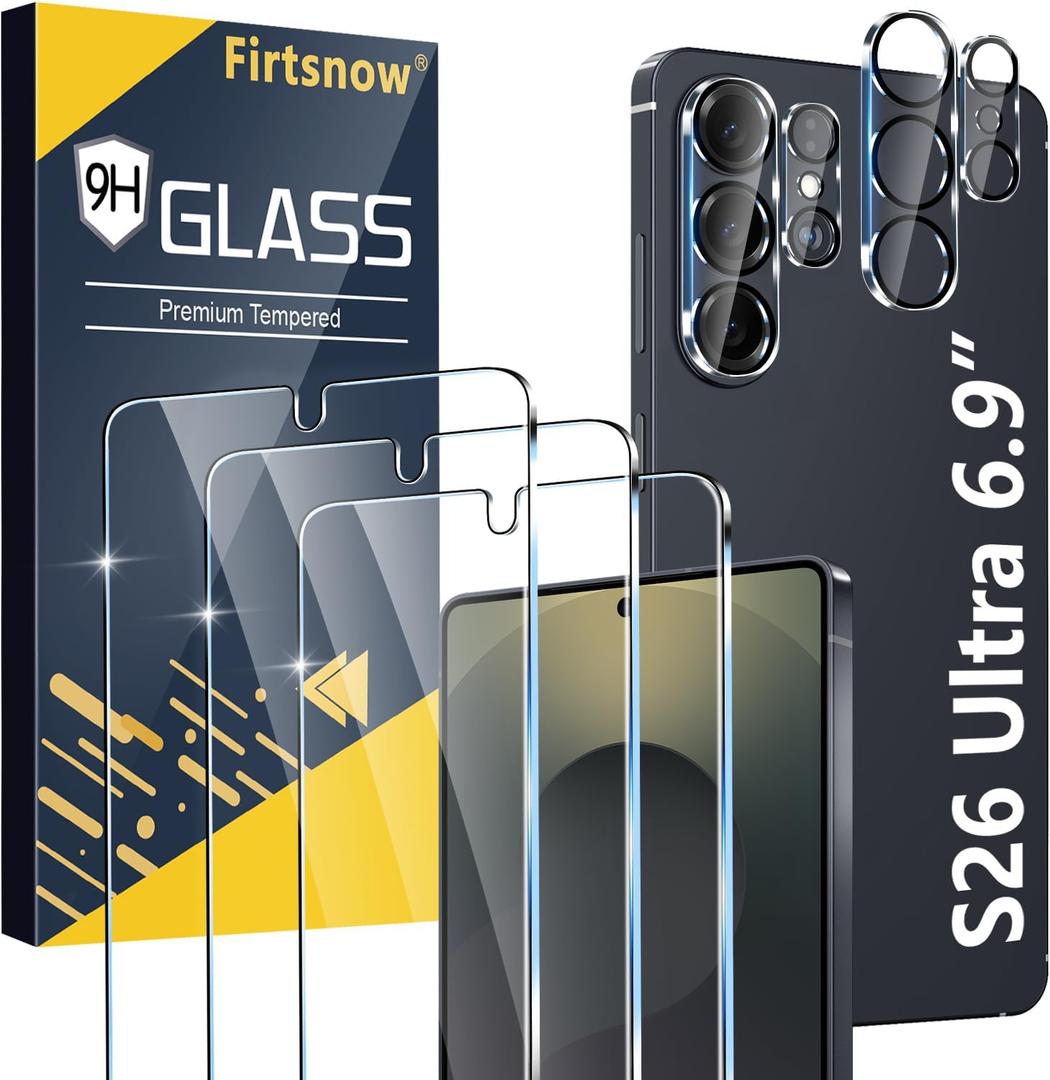 firtstnow 3 Pack for Samsung Galaxy S26 Ultra Screen Protector Tempered Glass + 3 Pack Camera Lens Protector, Military Grade Shatterproof, 9H Hardness, Fingerprint Unlock, Case Friendly 6.9 Inch