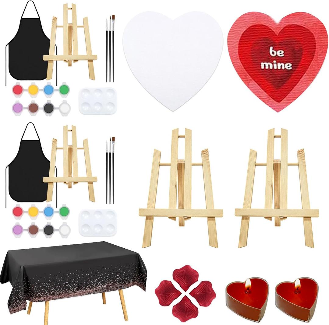 Nuberlic Galentines Paint and Sip Kit for Adults Date Night 2 Pack 8" Canvas Boards for Valentines Day Gift DIY Painting To Do With Girlfriend Heart Shaped Kits