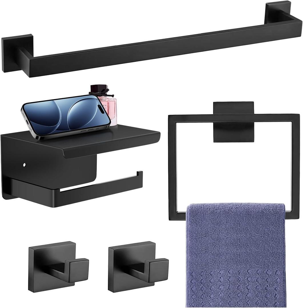 5-Pieces Matte Black Bathroom Accessories Set, SUS 304 Stainless Steel Bathroom Hardware Set, 16 Inch Towel Bar Set, Towel Holder Towel Racks for Bathroom Wall Mounted