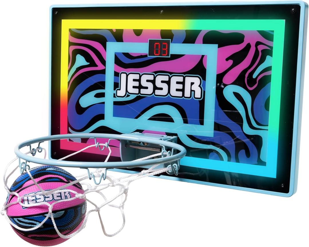 Jesser Hoop Over The Door Mini Basketball Hoop  2 Gameplay Modes: Shot Clock or Score Keeping, 5" Exclusive Ball, Electric LED Scoring, Net, Air Pump - Indoor Sports Fun for Kids 6+