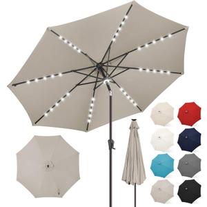 FLAME&SHADE 9 FT outdoor umbrella with 40LED lights, solar light patio umbrella with Centre Surround Light, Table Market Umbrella Outdoor Patiofor Deck, Pool, Backyard, Garden (Taupe)