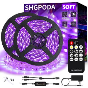 50 Foot Black Light Strip & Remote, 900LEDs, Dimmable 12V Flexible Black Lights for Glow Party, Bedroom, Halloween, Fluorescent Tapestry Poster, 3 Lighting Modes, Non-Waterproof