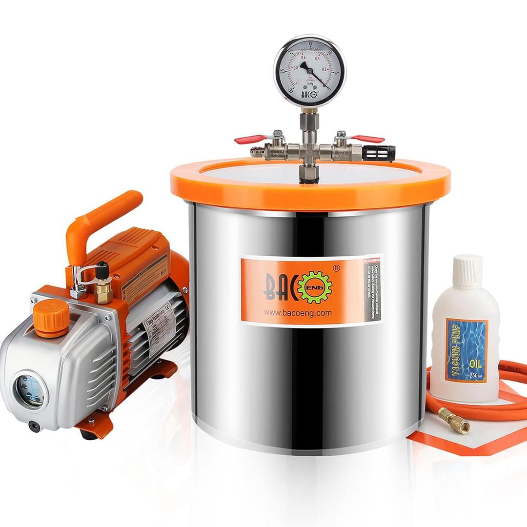 BACOENG 3 Gallon Tempered Glass Lid Vacuum Chamber with Pump, Stainless Steel Degassing Chamber Kit for Resin, Silicone, Epoxies, Stabilizing Wood and Fishing Baits
