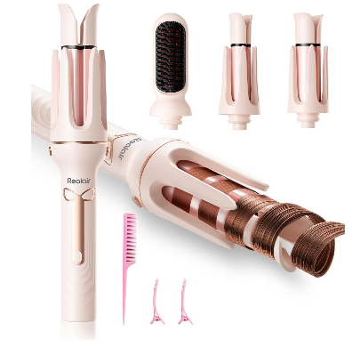 Auto Hair Curler, 3-in-1 Automatic Curling Iron & Brush Set, 1" & 1.25" Interchangeable Rotating Barrels, Anti-Scald & Anti-Tangle Wand for Hair Styling, Auto Shut-Off, Dual Voltage, Pink