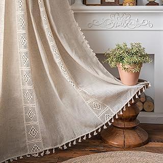 ENJOYBRIDAL Beige Curtains Crochet Lace Patchwork Drapes Curtains 84 Inch Length 2 Panels Tassel Rod Pocket Semi-Sheer Boho Bedroom Living Room Farmhouse Rustic Window Curtain Panels