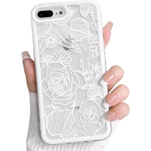 NITITOP Compatible with iPhone 7 Plus / 8 Plus Case Clear Cute Rose Flower Floral Leaves Pattern for Women Girls Color Frame Slim Durable Shockproof Protective Phone Cover - White