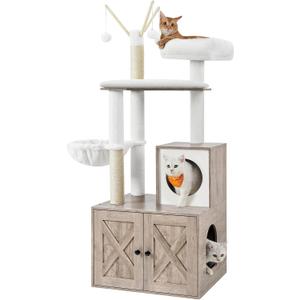 Feandrea Cat Tree with Litter Box Enclosure, 59-Inch Modern Cat Tower, 2-in-1 Condo with Scratching Posts, Washable Removable Cushion, Greige UPCT113G01
