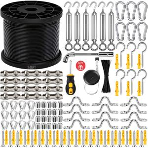 246FT Black Vinyl Coated 304 Stainless Steel Wire Rope Cable Kit – Heavy Duty Outdoor String Light Hanging Guide Wire with M5 Turnbuckle for Patio, Garden, Christmas Lights