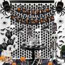 Halloween Party Decorations Set - Skeleton, Spider Web & Bats Themed - with Banner, Balloons, Cake Toppers & Hanging Swirls for Spooky Festive Celebrations