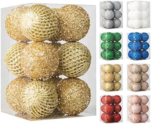 8cm Christmas Ball Ornaments, 12 Pieces Glitter Sequin Foam Ball Shatterproof Christmas Decorations Hanging Baubles for Christmas Trees, Holiday Decorations (Gold)