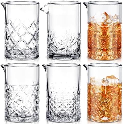 Inbagi 6 Pcs Cocktail Mixing Glass 24 oz Bartender Crystal Stirring Glass Thick Bottom Bar Seamless Mixing Pitcher for Stirring Drinks Home Bar Accessories, 6 Styles