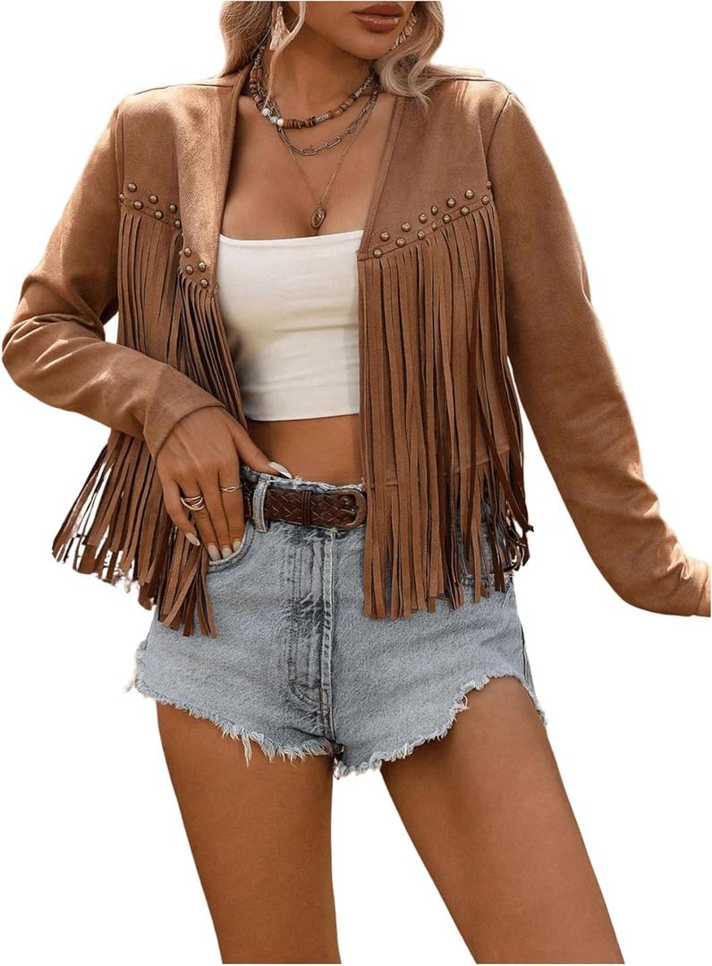 SOLY HUX Women's Faux Suede Fringe Trim Long Sleeve Open Front Cardigan Jacket Western Concert Outfits (Large, Pure Khaki)