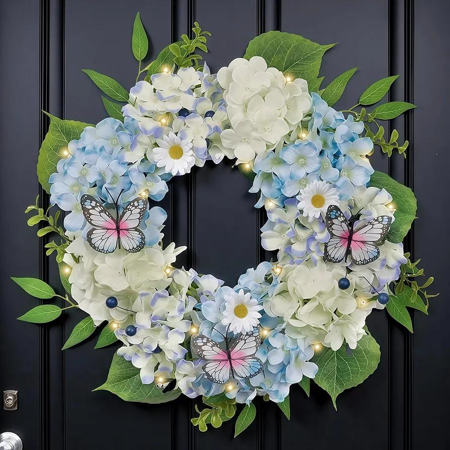 Valery Madelyn Spring Summer Wreaths for Front Door with Lights, Silk Blue White Hydrangeas Floral Wreath with Eucalyptus Leaves Butterfly for Home Porch Window Party Wedding Arch Decor-18''