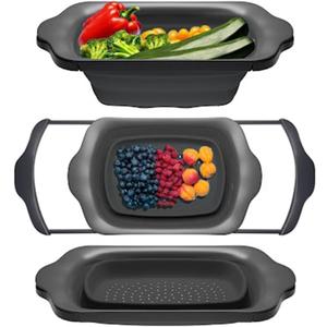 Comfify Over-the-Sink Colander with Handles  Sleek Plastic Black Kitchen Strainer for Pasta, Vegetables & Fruits  Space-Saving Design  17.1 x 10.2 x 1.75 Inches