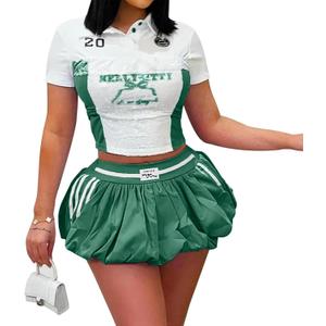 Two Piece Outfits for Women Summer Y2K Going Out Lace Trim Ruched Crop Tops Pleated Bubble Mini Skort Skirt Sets (X-Small, Green)