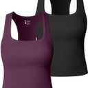 OQQ Women's Tank Top 2-Piece Ribbed Samless Square Neck Sleeveless Tops Stretchy Casual Going Out Shirts (Large, Black,Deep Purple)