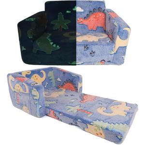 Hrebr Kids Chairs for Toddler, 2 - in - 1 Toddler Soft Teddy Fleece Couch Featuring Glow - in - The - Dark Elements, Fold Out, Convertible Sofa to Lounger for Girls and Boys - Colorful Dinosaur