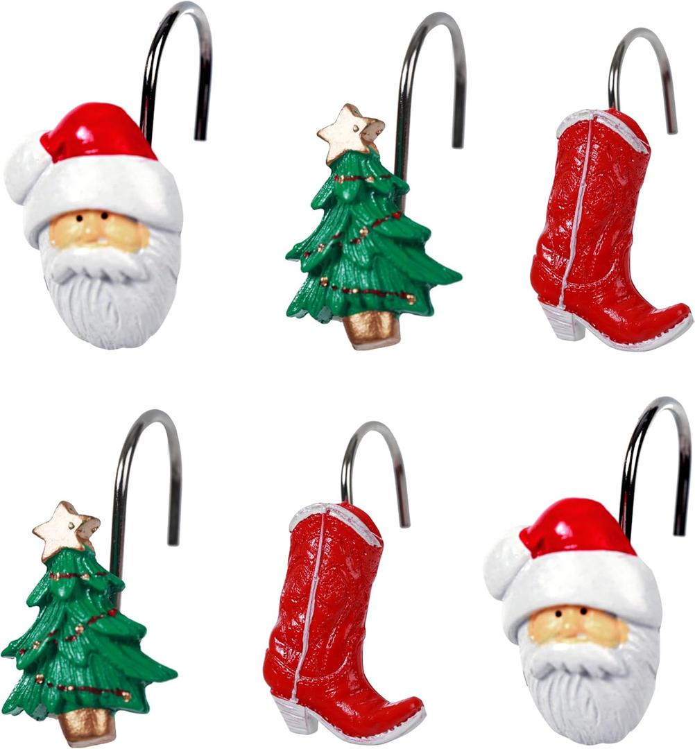 3 x Two Fish Home Fashions Set of 12 Decorative Christmas Tree Resin Shower Curtain Hooks, Christmas Tree Resin Curtain Rings Pack of 12 (Xmas Tree)