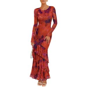 ZESICA Women's Floral Bodycon Maxi Dresses 2025 Fall Boho Long Sleeve Mesh Ruffle Mermaid Wedding Cocktail Party Dress (Orange Red, Small)