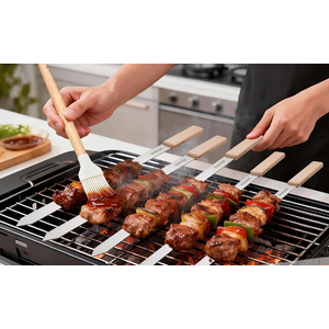 5PCS Stainless Steel Koobideh Skewers, 23.5" Flat Persian Kabob Skewer, Metal Long BBQ Skewers for Grilling Meat with Wood Handle and Silicone Brush for Picanha Brazilian Shish Adana Kebab