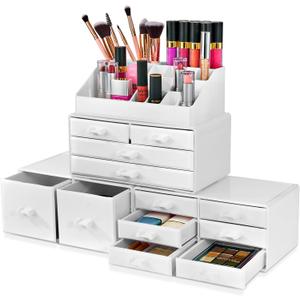 Sorbus Large Makeup Organizer - Stackable Jewelry & Makeup Organizer For Vanity, Bathroom Storage, Dresser - 12 Drawers Cosmetic Beauty Organizers and Storage with Lipstick, Makeup Brush Holder (Deluxe, White)