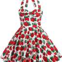 Vintage 1950s Dress Pattern Flower Girl Retro 1950s Dresses Kids A line Swing Gown Girls Halter Dress Casual Sundress for Casual Summer Party Dresses School Dance Red Strawberry, 7-8 Years
