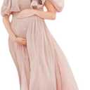 Maternity Lace Tulle Chiffon Gowns for Photoshoot Elegant Off Shoulder Wedding Party Prom Dress for Baby Shower (Small, Pink)