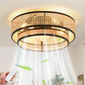 OYYPTDZM 20" Rattan Boho Ceiling Fan with Light, Flush Mount Remote Control, 6-Speed Quiet Reversible DC Motor, Bamboo Farmhouse Chandelier Fan Fandelier for Bedroom, Living Room, E26 Base