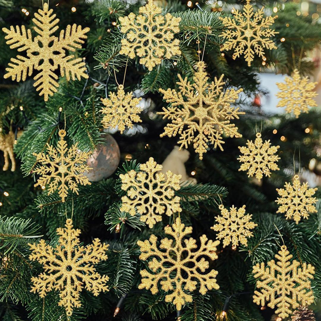 36pcs Gold Snowflake Ornaments Christmas Tree Decorations, Glitter Plastic Snow Flakes Christmas Ornaments in 5 Patterns for Tree Garland Indoor Outdoor Winter Wonderland Decor