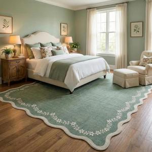 GarveeHome 6x9 Scalloped Area Rug Sage Green Washable Rugs for Living Room Bedroom, Soft Low Pile Non Slip Accent Floor Mat Solid Floral Print Throw Rug Farmhouse Indoor Carpet for Dorm Playroom