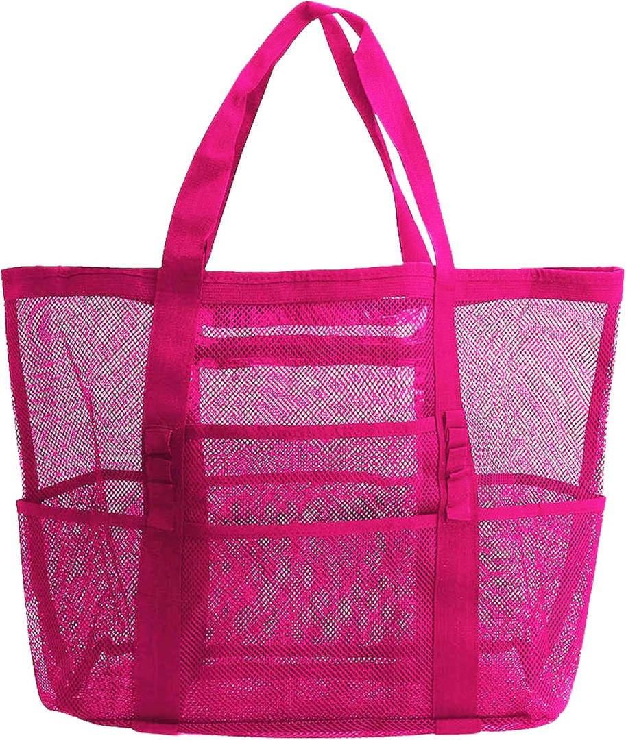 Mesh Beach Bag-Large Tote Bag for Family,Tote Bag with Zipper Pocket for Pool,Toys & Vacation Essentials, Rose Red