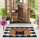 Door Mat Combo Set, 28" x 43" Plaid Mat +17" x 30" Black Cat with Green Eyes Doormat, 2 PCS Welcome Mat Set for Front Door, Entrance, Porch Decor, Non-Slip