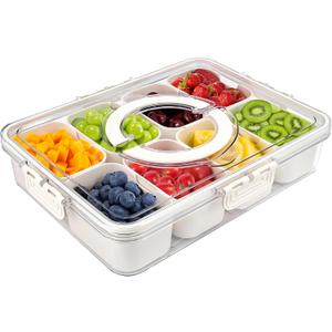 Snackle Box Container with Sealed Lid  Portable BPA-Free Snack Box with Foldable Handle, Divided Serving Tray for Fruit, Candy, Nuts & Veggies  Perfect for Travel, Picnic, Beach & Party 11.8" x 8.8" (White)