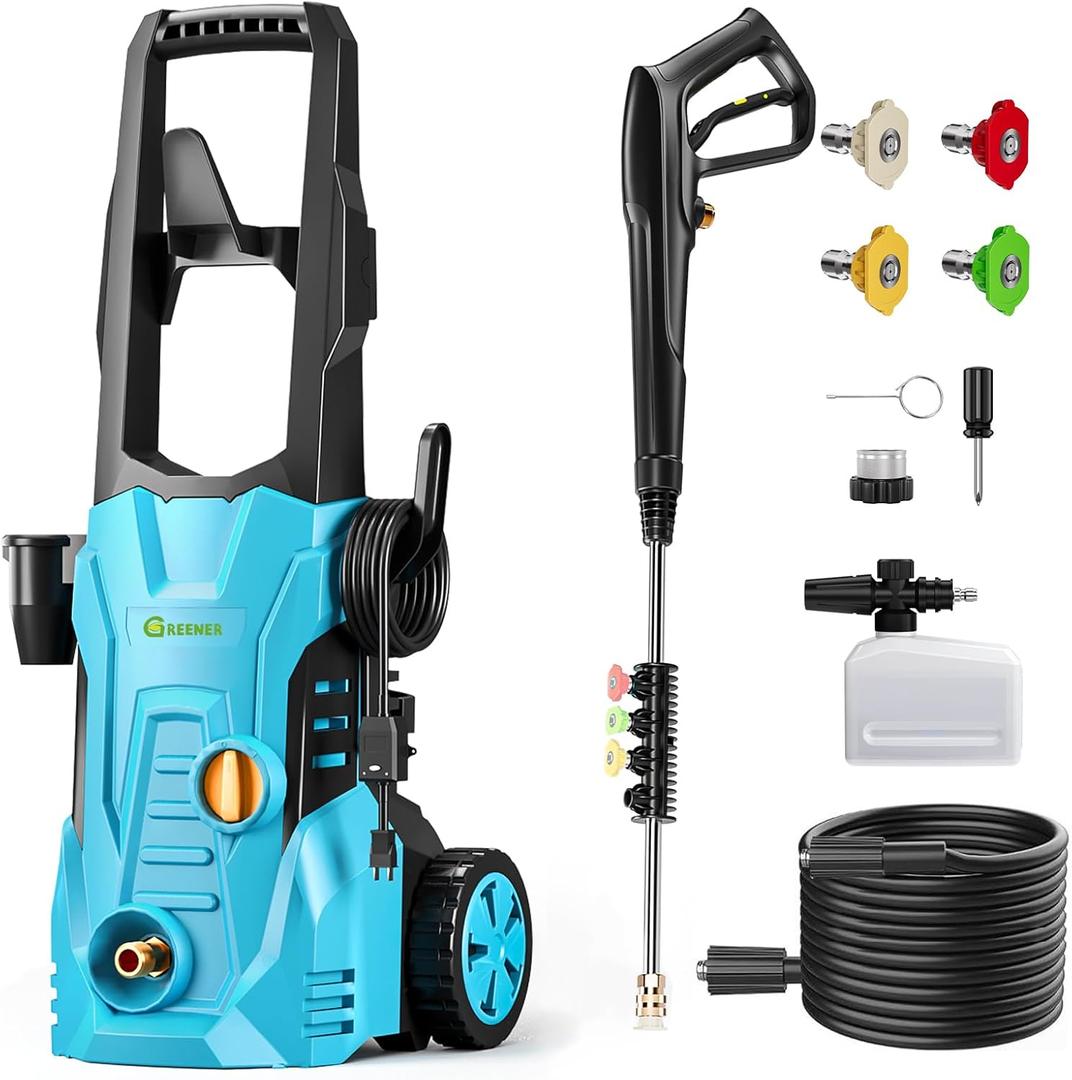 GREENER Electric Pressure Washer 4800 PSI, 4 Quick Nozzles, 3.0GPM, 23FT Outlet Hose, 16FT Power Cord, Power Washer Electric Powered with Soap Cannon for Car, House, Driveway, Patio Cleaning-Blue