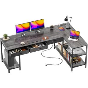PRAISUN 63 Inch L Shaped Office Desk with Power Outlets and Type-C Port, Large Computer Gaming Desk with 3 Fabric Drawers, Mesh Shelves, Corner Study Work Writing Desk, Grey