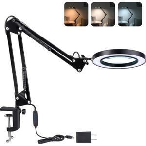 Magnifying Glass with Light and Stand, 3 Color Modes Stepless Dimmable, 5-Diopter Glass Lens, Adjustable Swivel Arm, LED Magnifier Desk Lamp for Close Work, Repair, Crafts, Reading - Long