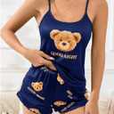 SweatyRocks Women's Cute Bear Print Satin Paiama Sets Silky Cami Top and Shorts 2 Piece Pajamas Set (Blue, M)