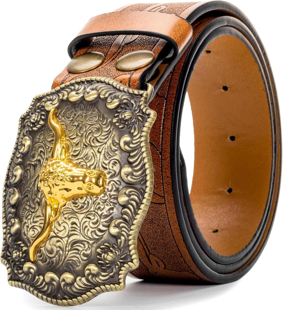 Mawjom Western Cowboy PU Leather Belt - Men Waist Strap Bull Decoration Floral Engraved for Jeans 25" to 38" Waist (Brown)