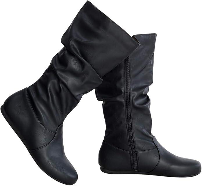Womens Low Heel Mid-Calf Slouchy Suede Slip On Casual Boots with Side Zipper Size 8.5