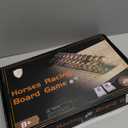 Horse Race Board Game Racing Game Thickened Solid Wood with 11 Luxurious Durable Classic Metal Horses with 4 Dice and 2 Boxes of Cards Horse Racing Game (Log Color, Oval)