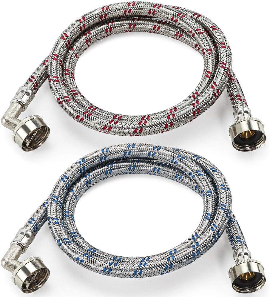 UPGRADE4FT Washing Machine Hoses with 90 Degree Elbow Premium Stainless Steel Burst Proof (cost-effective 2 pack) Red and Blue Striped Water Connection Inlet Supply Lines by Cenipar