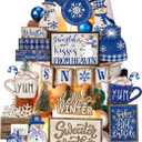 23 Pcs Christmas Tiered Tray Decor Snowman Farmhouse Decor Christmas Sign Winter Table Centerpieces Winter Wood Blocks Signs for Home Shelf, Without Tray(Blue, Snow)