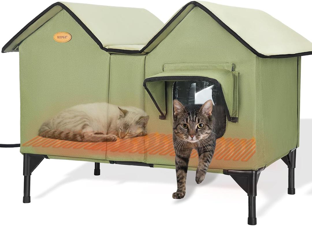Heated Cat House for Outside Cats in Winter, Extra Large Heated Outdoor Cat House Weatherproof Insulated with Elevated Base & Escape Door, Waterproof Cat Shelter for Multiple Cats Feral Stray Kitty