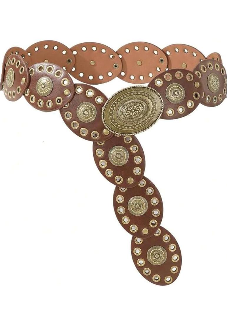 INOGIH Womens Wide Western Cowboy Disc Belt Vintage Cowgirl Concho Leather Belts Boho Style for Jeans Dress Skirt