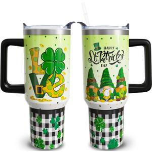 40 oz St Patricks Day Tumblers with Handle and Straw, Irish Gnome Shamrock 40oz Stainless Steel Vacuum Insulated Travel Coffee Mug Cup Water Bottle, St Patricks Day Stuff Accessories Gifts for Women